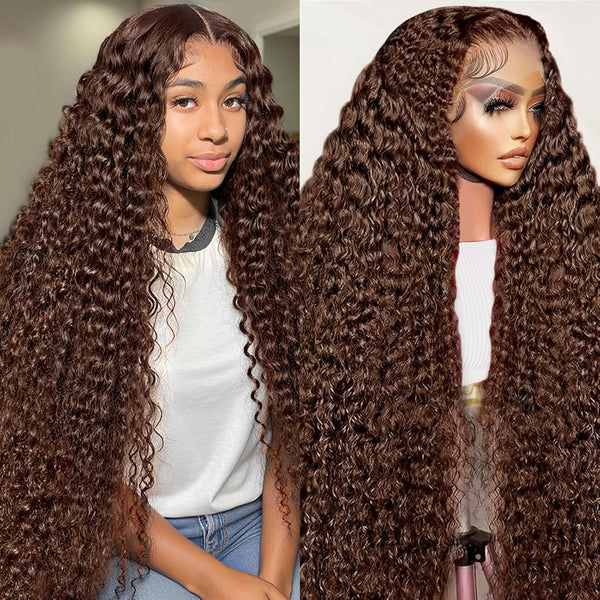 13x4 HD Lace Front Deep Wave Curly Wig, #4 Dark Brown, Super Thin Transparent Lace