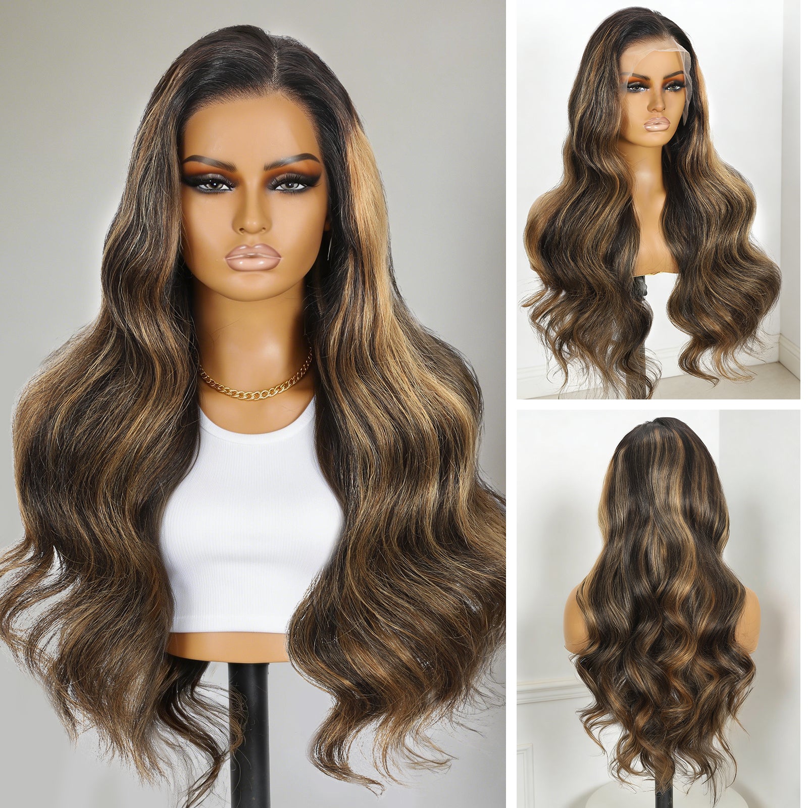 13x4 Frontal Lace Brown Balayage Highlight Body Wave/Silky Straight Wig