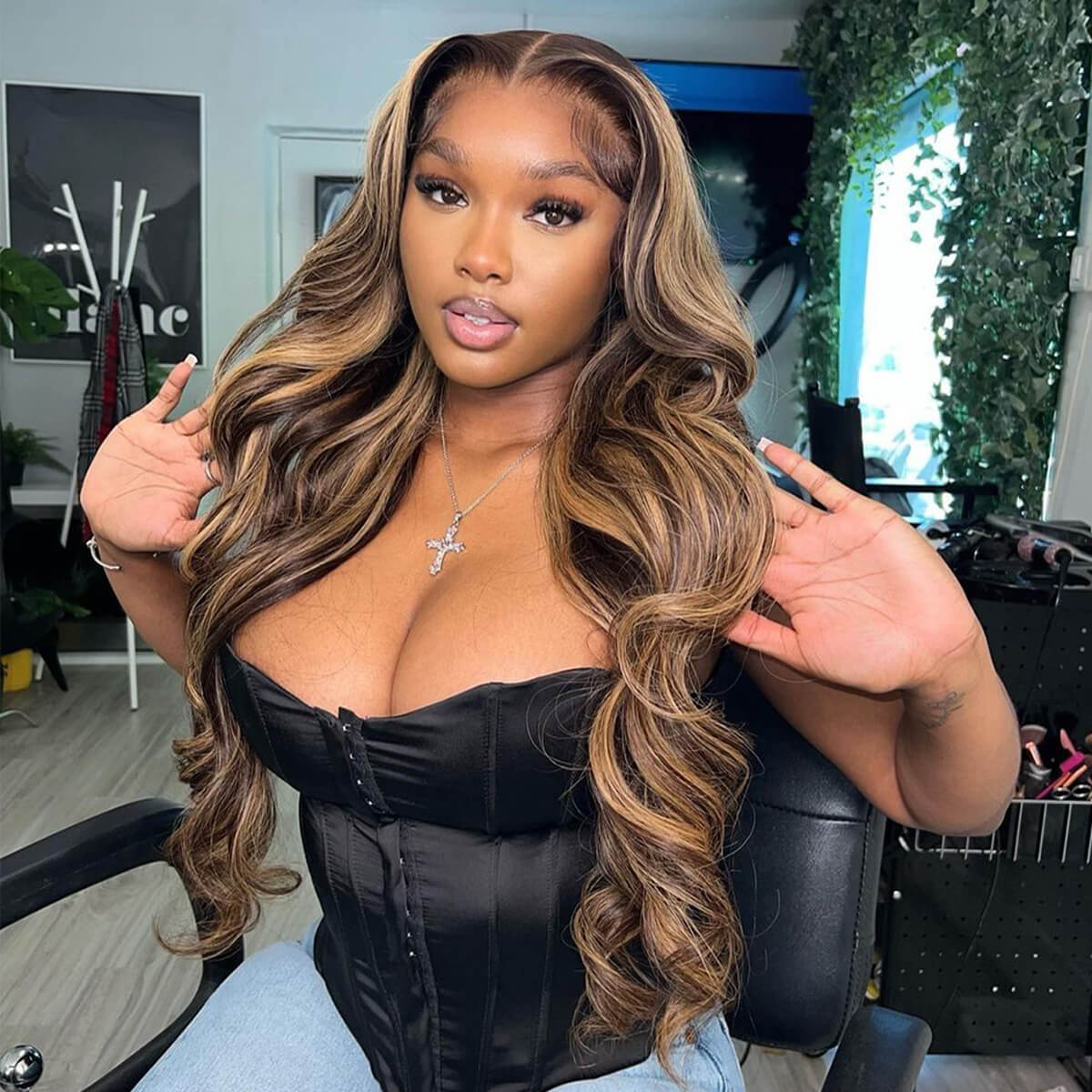 13x4 Frontal Lace Brown Balayage Highlight Body Wave/Silky Straight Wig