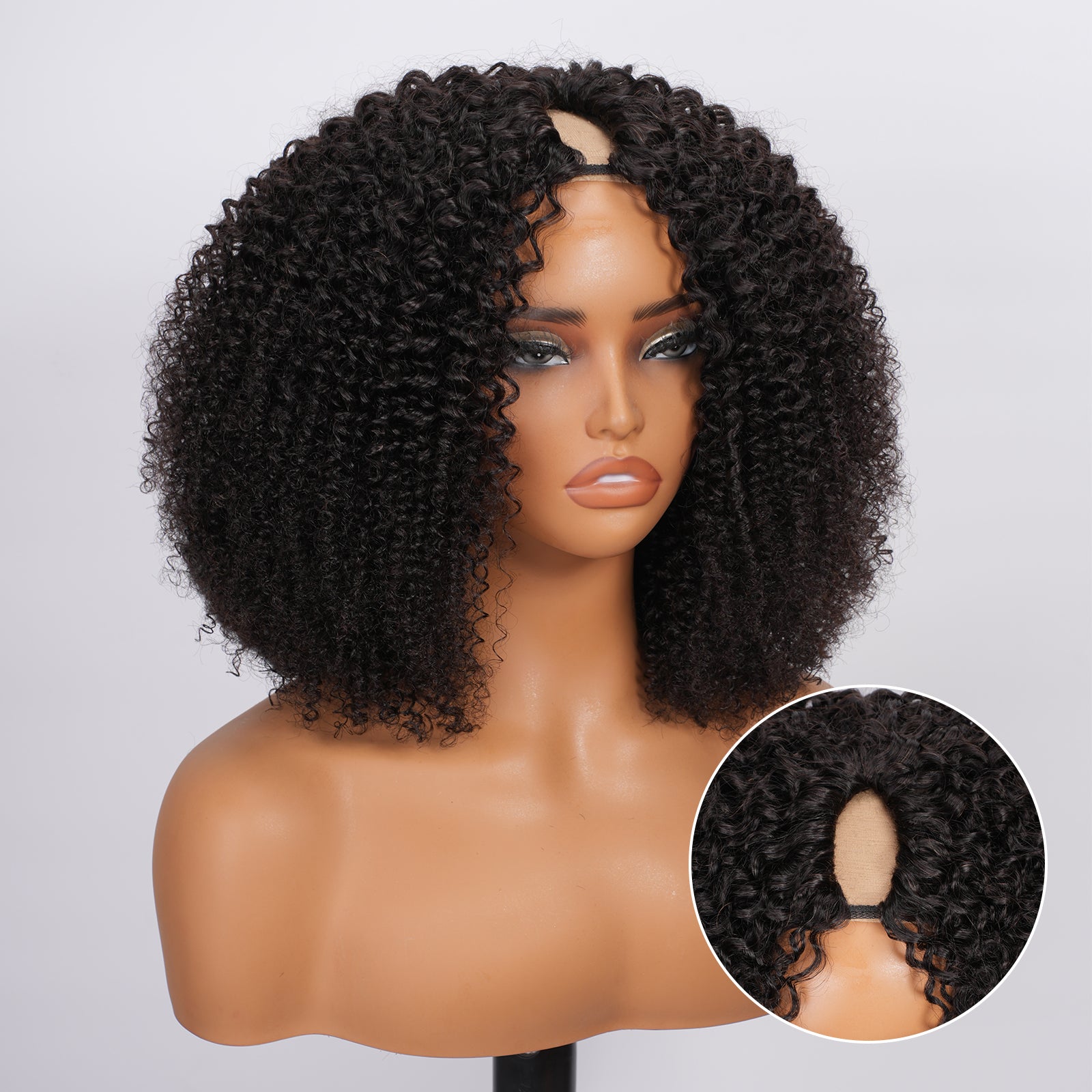 V Part Kinky Curly Wig Human Hair Glueless Wigs For Beginner