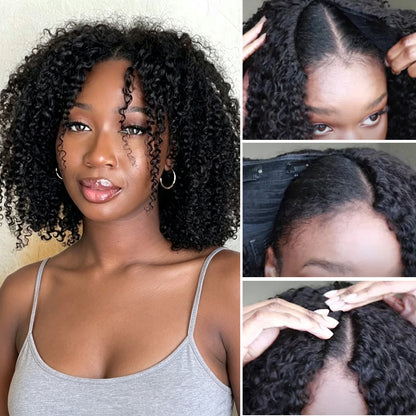 V Part Kinky Curly Wig Human Hair Glueless Wigs For Beginner