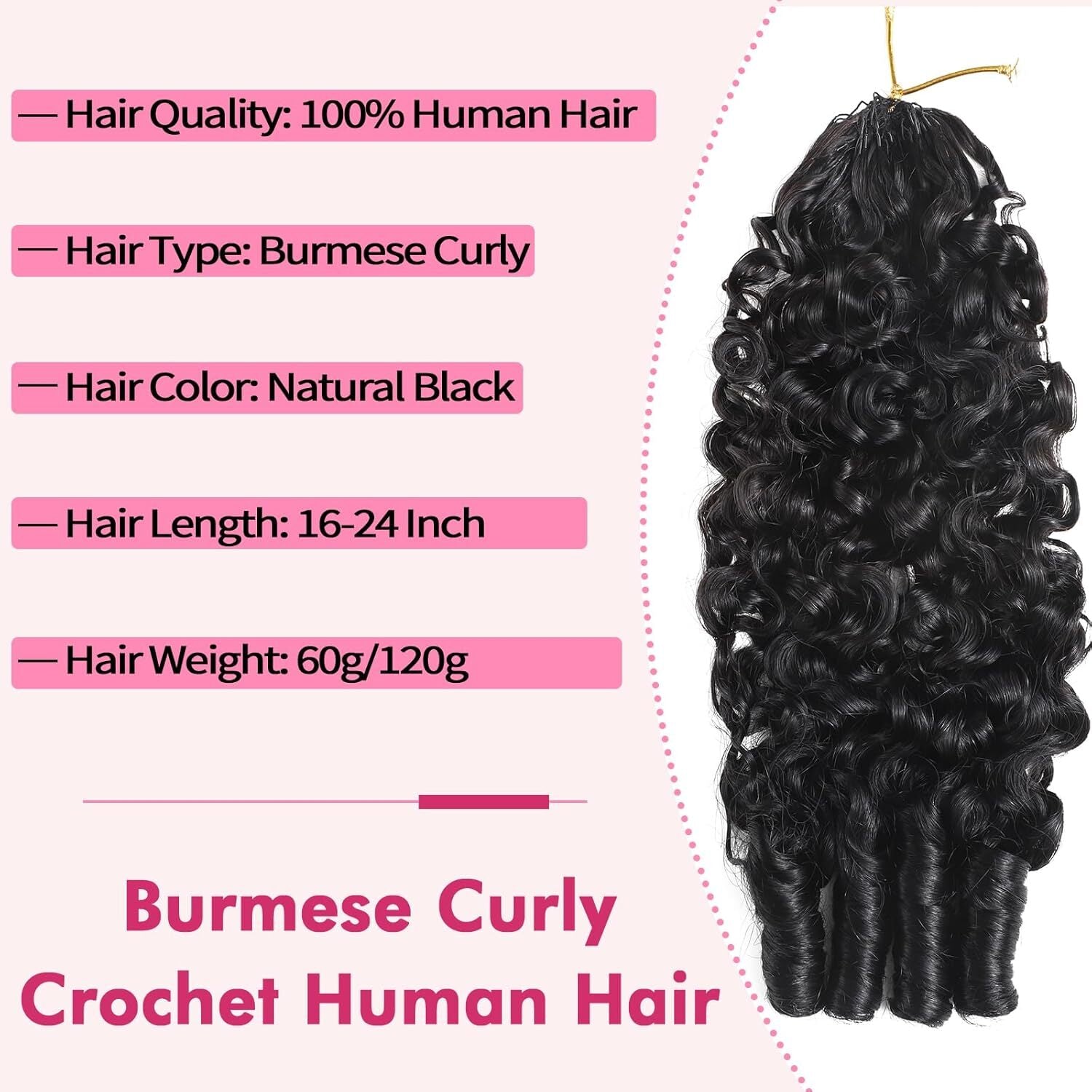 Burmese Curly Remy Human Hair Crochet Knotless Spiral Curl Natural Black