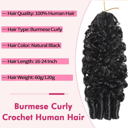 Burmese Curly Remy Human Hair Crochet Knotless Spiral Curl Natural Black