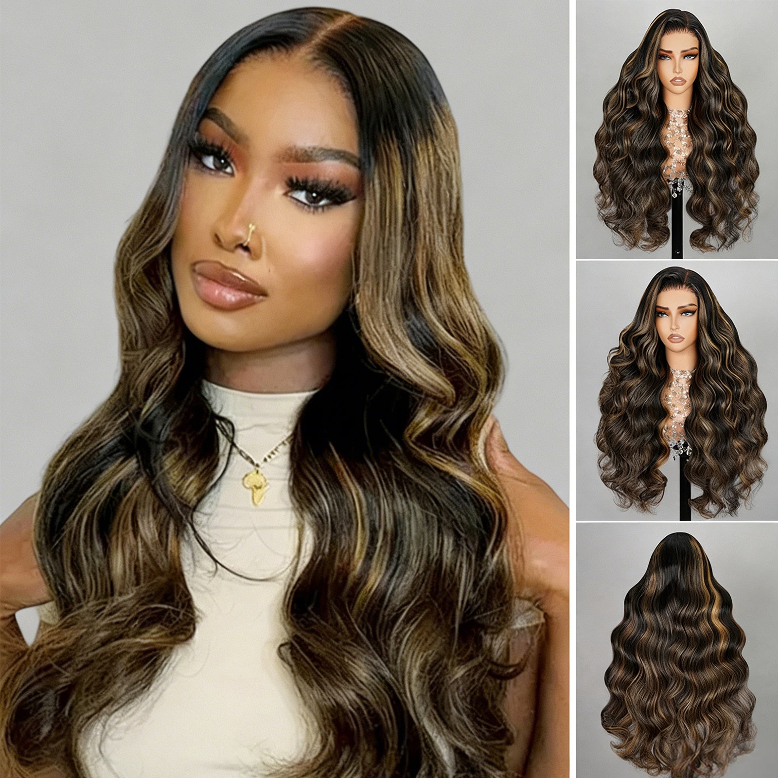 13x4 HD Lace Front Balayage Highlight Body Wave Human Hair Wig, Transparent Lace, Natural Hairline