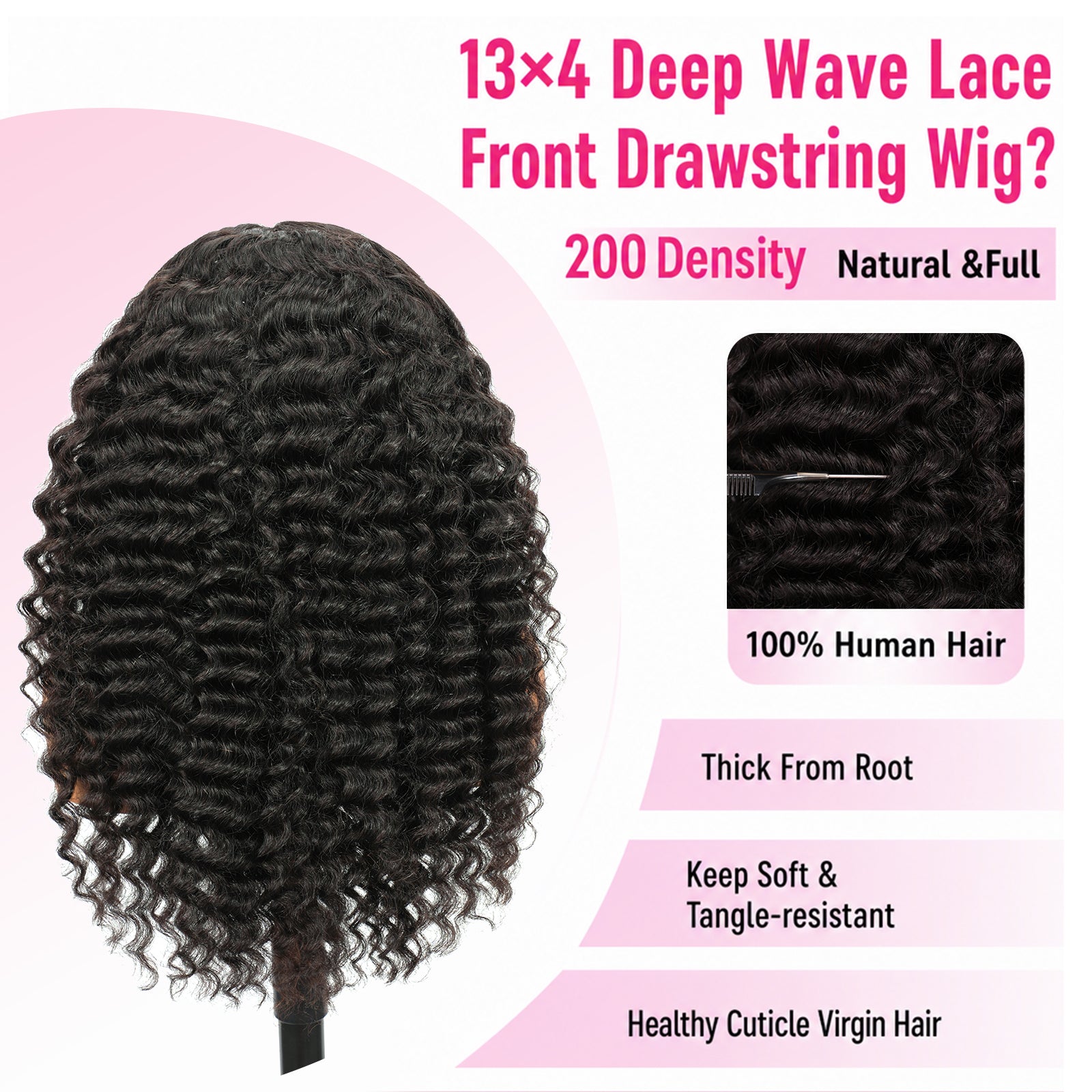 Vallbest 13x4 Invisible HD Lace Glueless Wig Deep Wave With Drawstring Natural Black 100% Human Hair Wig