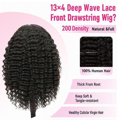 Vallbest 13x4 Invisible HD Lace Glueless Wig Deep Wave With Drawstring Natural Black 100% Human Hair Wig