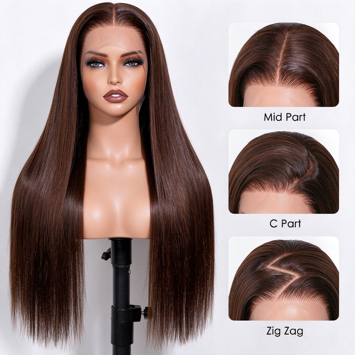 Vallbest 13x4 Chocolate Brown Glueless Wig Silky Straight With Drawstring 100% Human Hair Wig