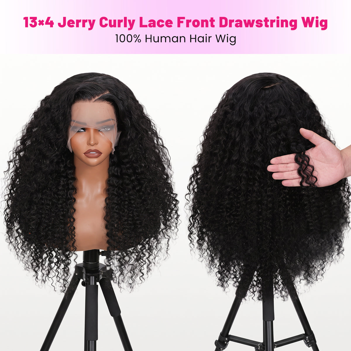 Vallbest 13x4 Glueless Wig Jerry Curly With Drawstring Natural Black 100% Human Hair Wig