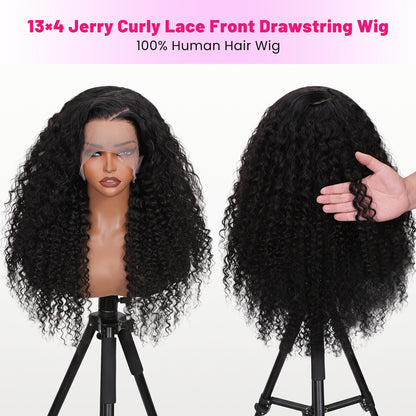 Vallbest 13x4 Glueless Wig Jerry Curly With Drawstring Natural Black 100% Human Hair Wig