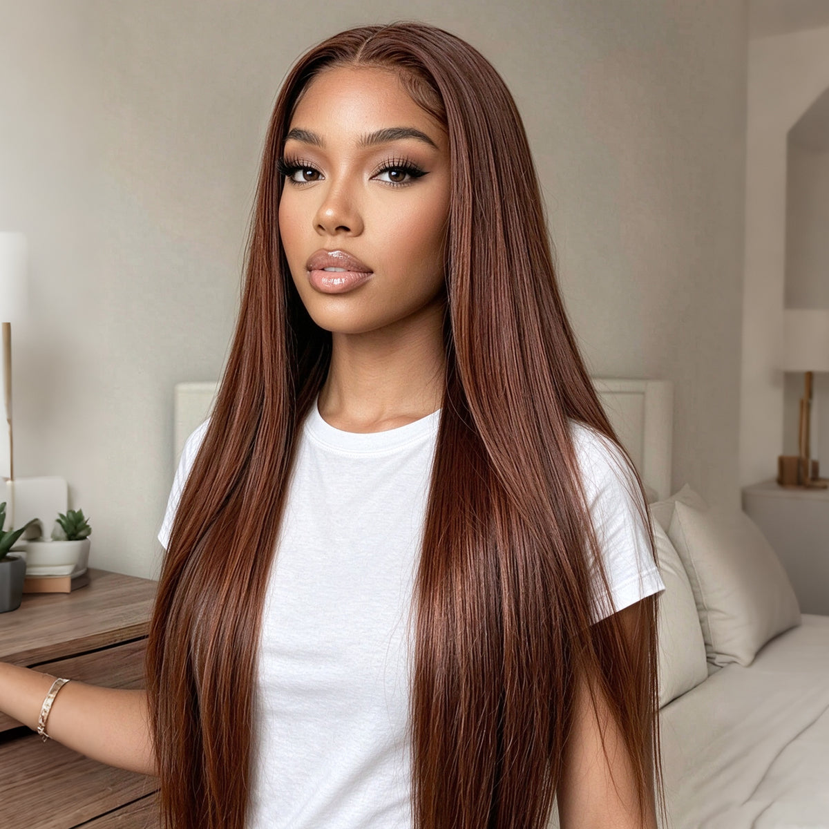 Vallbest 13x4 Chocolate Brown Glueless Wig Silky Straight With Drawstring 100% Human Hair Wig