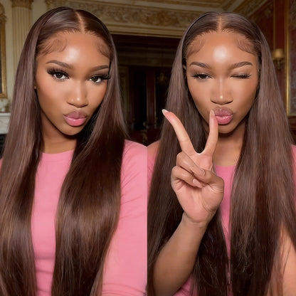 13x4 Frontal Lace Chocolate Brown Body Wave/Silky Straight Wig Invisible Knots Realistic Hairline