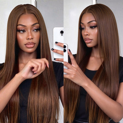 Vallbest 13x4 Chocolate Brown Glueless Wig Silky Straight With Drawstring 100% Human Hair Wig