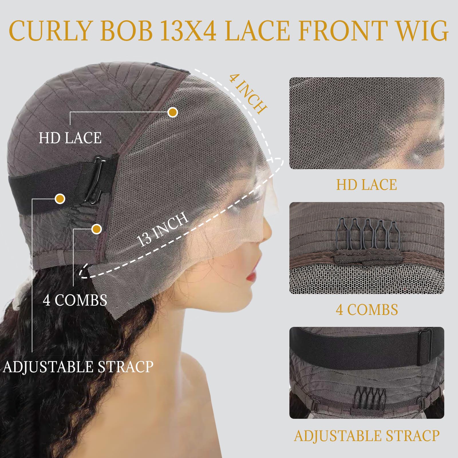 Glueless Curly Bob Wig Human Hair 13x4 HD Lace, Deep Wave, Pre-Plucked, Natural Look