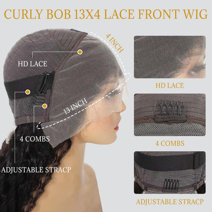 Glueless Curly Bob Wig Human Hair 13x4 HD Lace, Deep Wave, Pre-Plucked, Natural Look