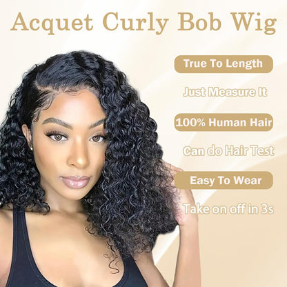 Glueless Curly Bob Wig Human Hair 13x4 HD Lace, Deep Wave, Pre-Plucked, Natural Look