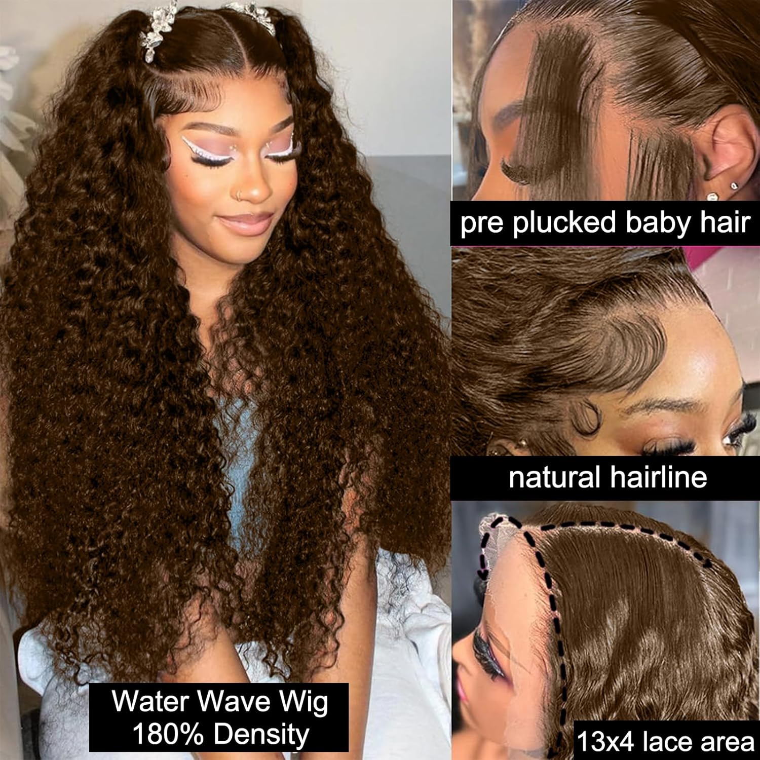 13x4 HD Lace Front Deep Wave Curly Wig, #4 Dark Brown, Super Thin Transparent Lace