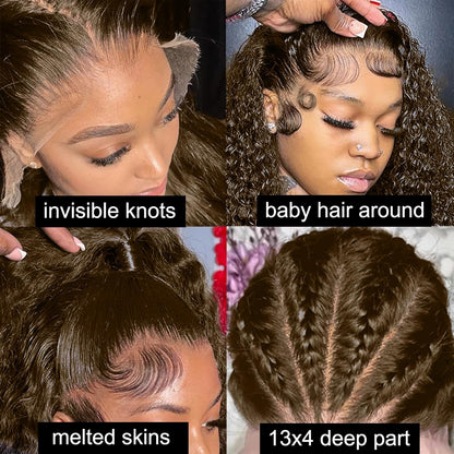 13x4 HD Lace Front Deep Wave Curly Wig, #4 Dark Brown, Super Thin Transparent Lace