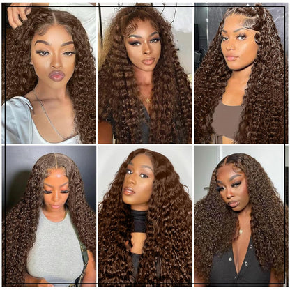 13x4 HD Lace Front Deep Wave Curly Wig, #4 Dark Brown, Super Thin Transparent Lace