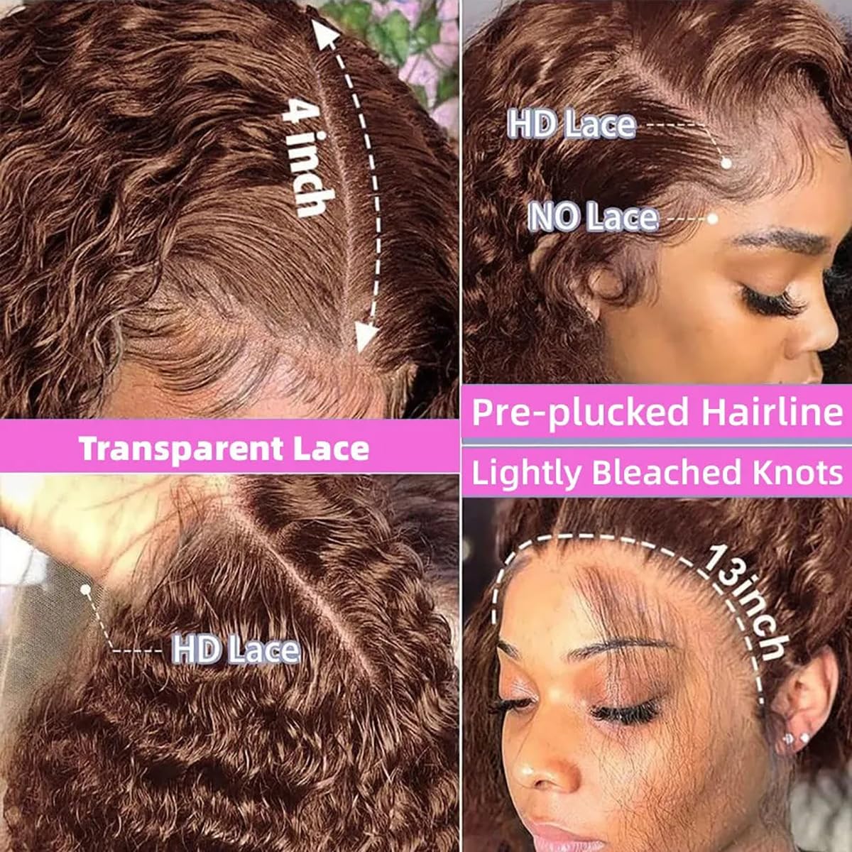 13x4 HD Lace Front Deep Wave Curly Wig, #4 Dark Brown, Super Thin Transparent Lace
