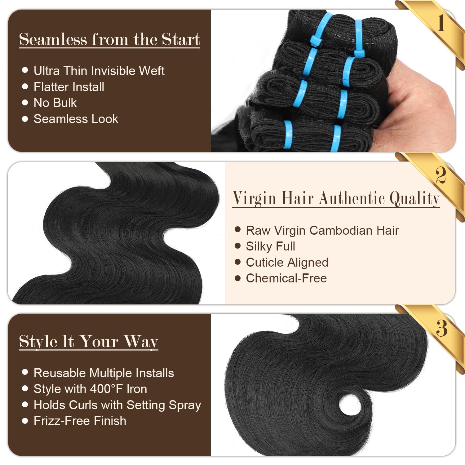 {16A 3Pcs}100% Unprocessed Body Wave Bundles Human Hair